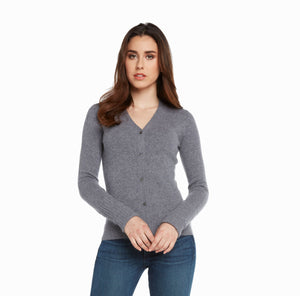 heather grey women 100% cashmere v neck cardigan sweater 