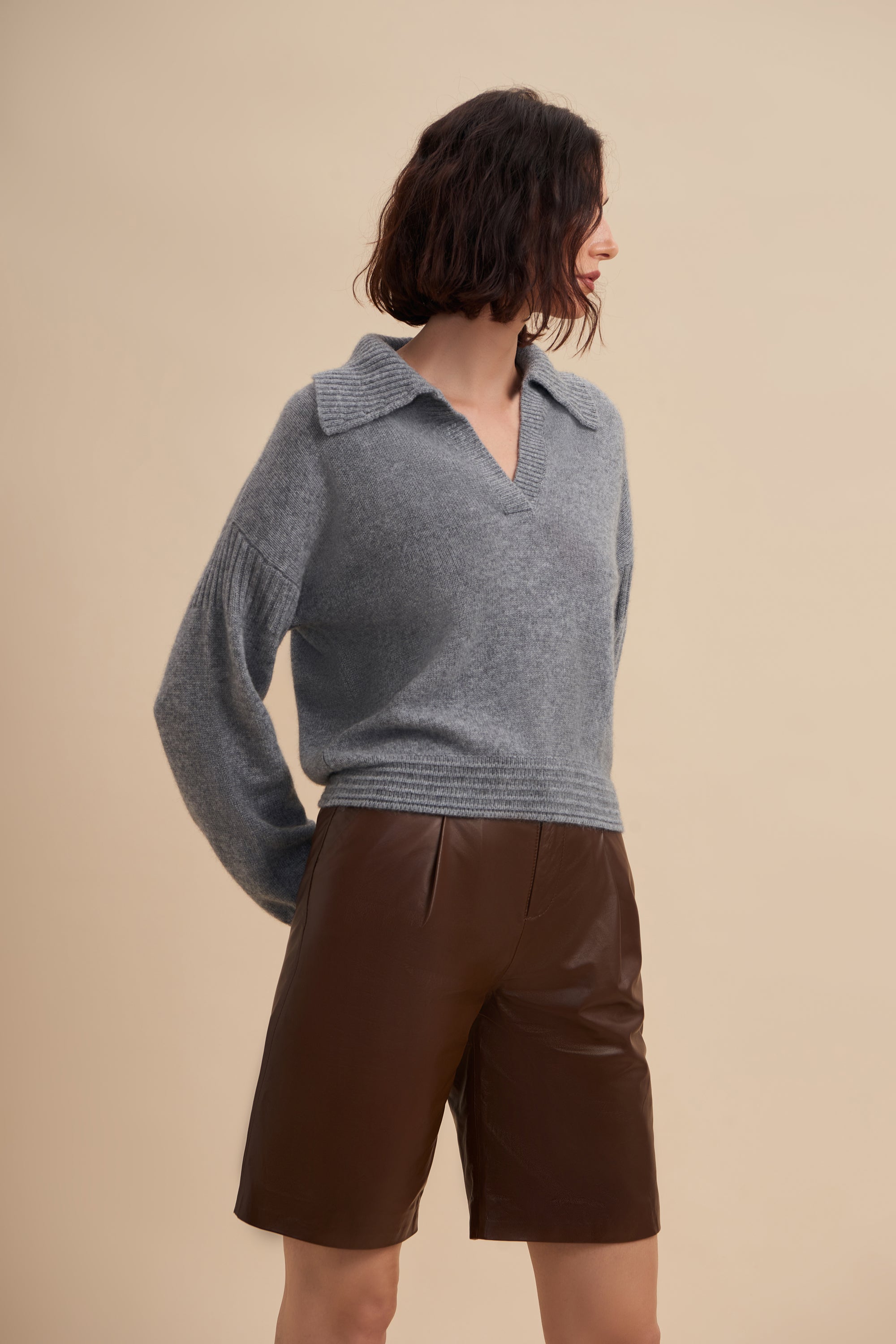 sweater with collar, collar sweater, collared sweater, knit polo shirt, polo shirt sweater, grey cashmere sweater, grey sweater