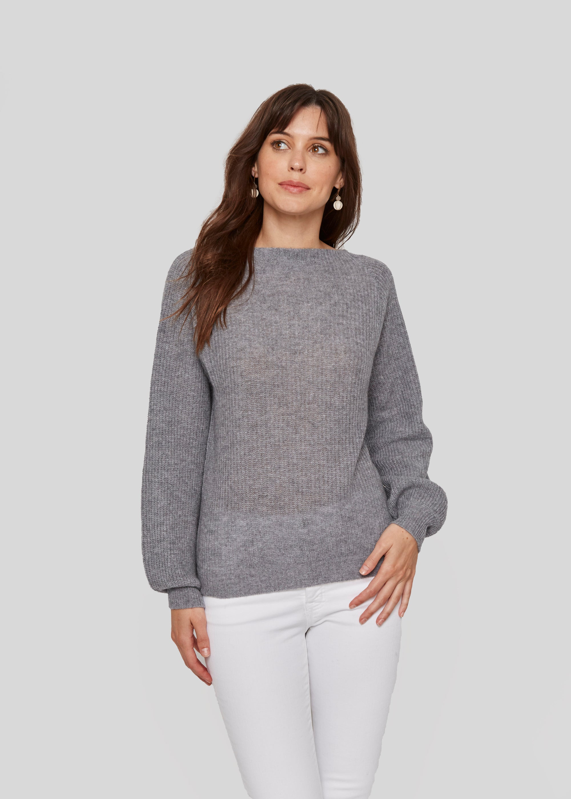 women grey relax casual  boat neck bateau neck cashmere sweater top layer knitwear
