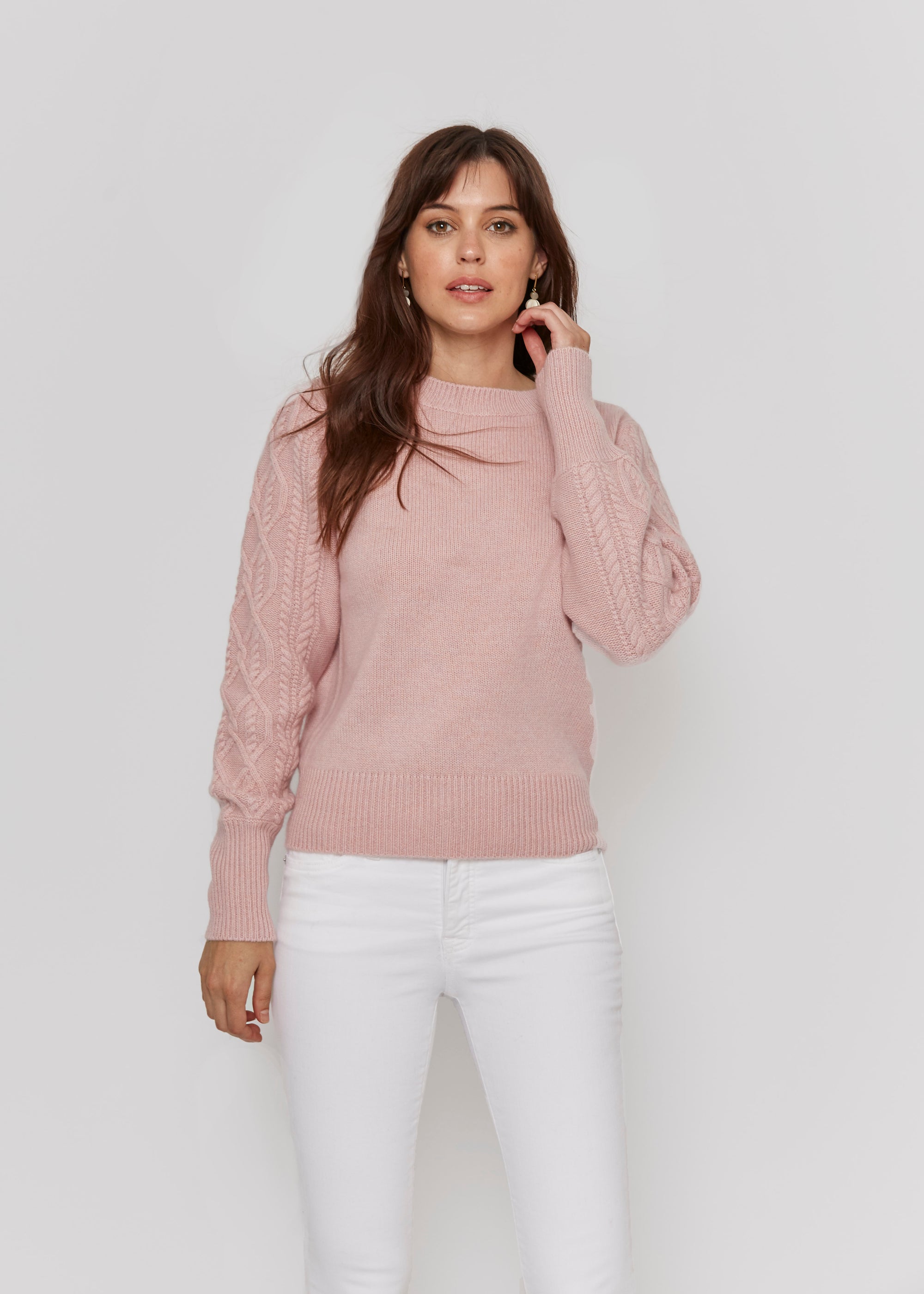 women cable-knit crew neck cashmere sweater pink neutral